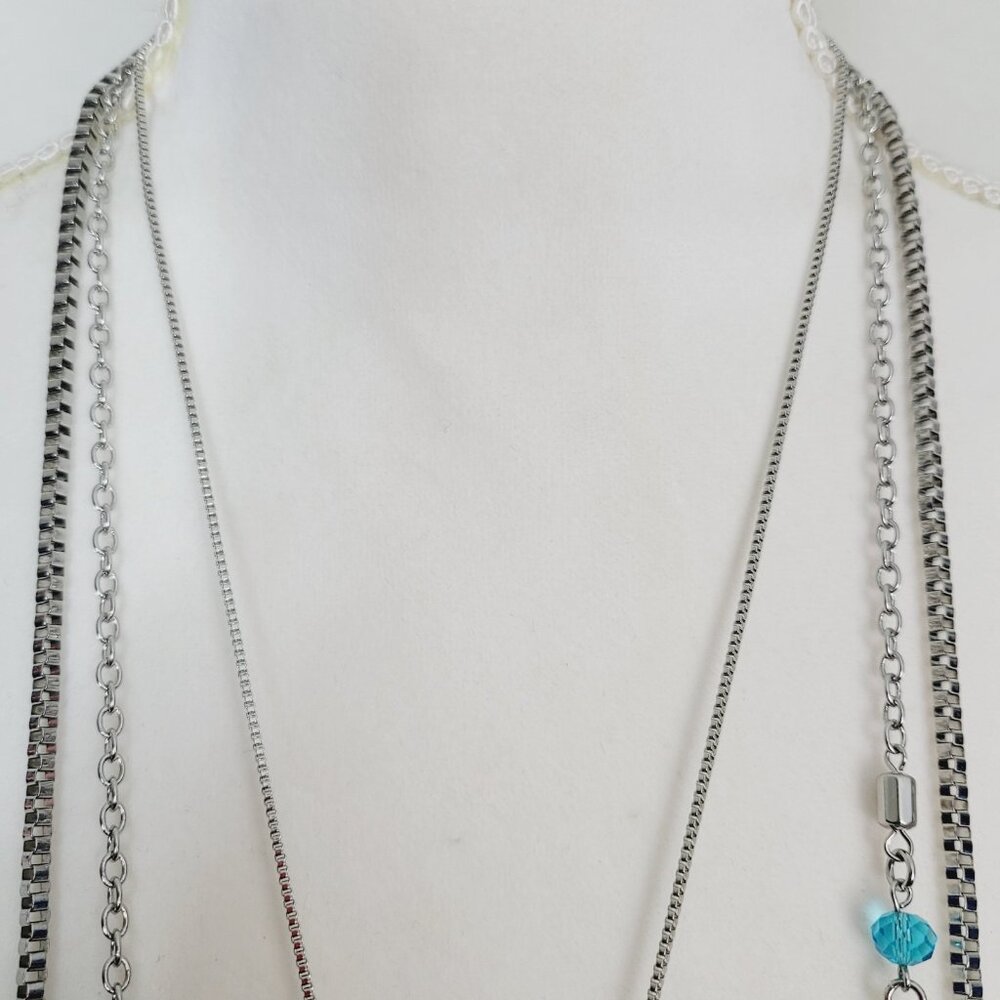 Silver Tone Triple Strand Charm Necklace 24"-39" Blue Green Beads - Picture 5 of 6